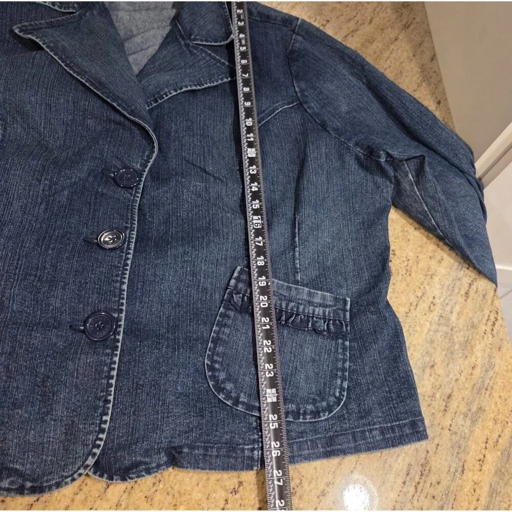 Venezia Plus Sz 26/28 Blue Stretch Jean Jacket Blazer Ruffle Pocket Tie Back